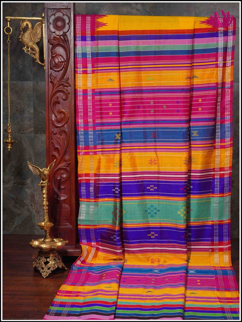 Berhampuri Double pallu (Double anchal) pure silk saree in Yellow with a Vibrant pallu 11