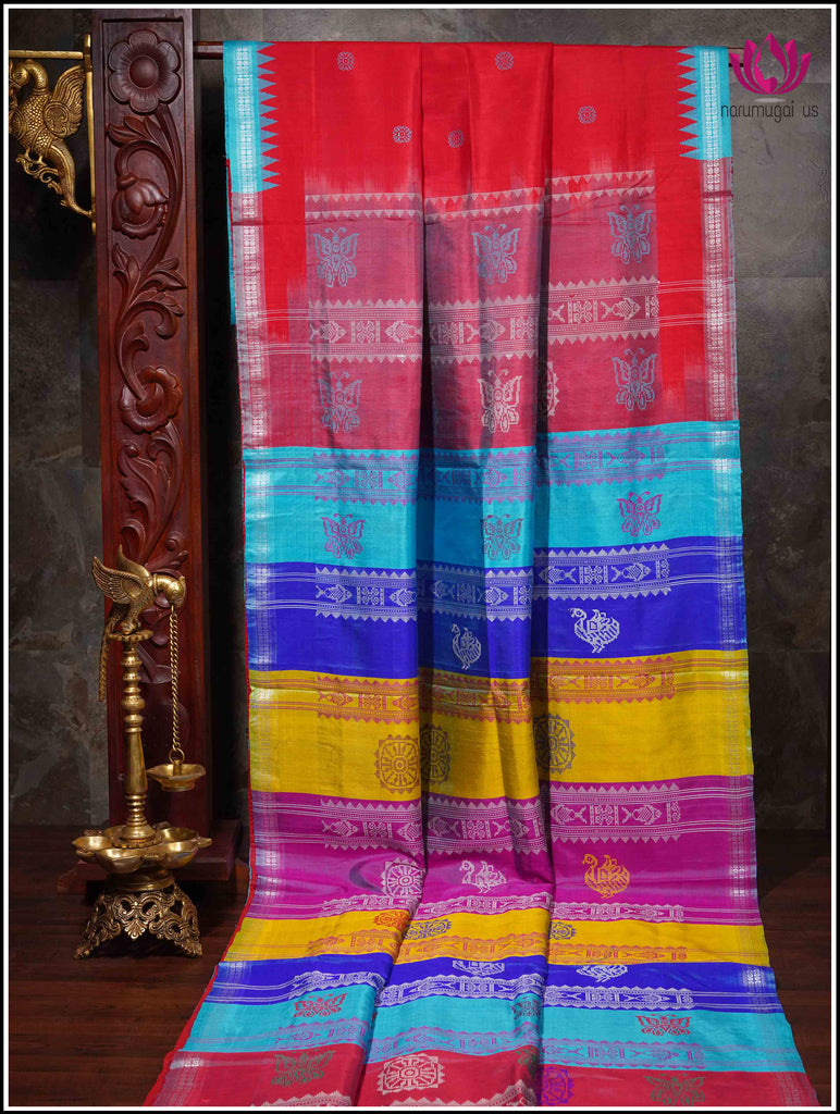 Berhampuri double pallu(double Anchal) pure silk saree in Scarlet Red with Blue border