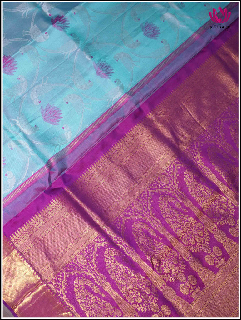 Kanjivaram Silk Saree in Sky Blue with Purple border 5