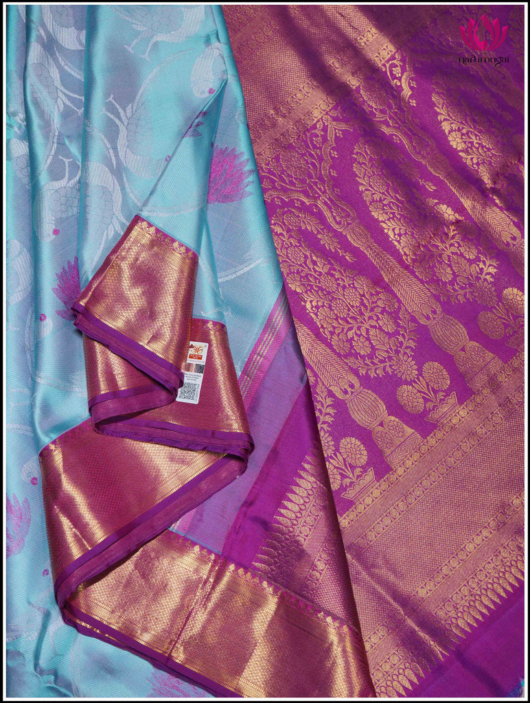 Kanjivaram Silk Saree in Sky Blue with Purple border 7