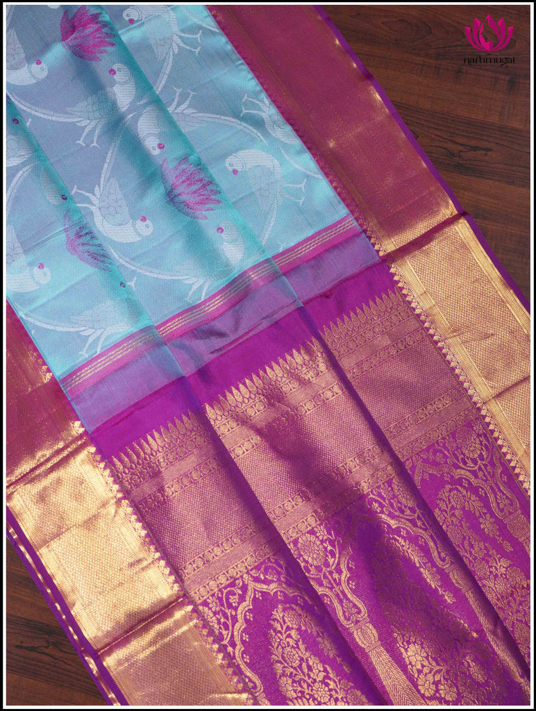 Kanjivaram Silk Saree in Sky Blue with Purple border 9