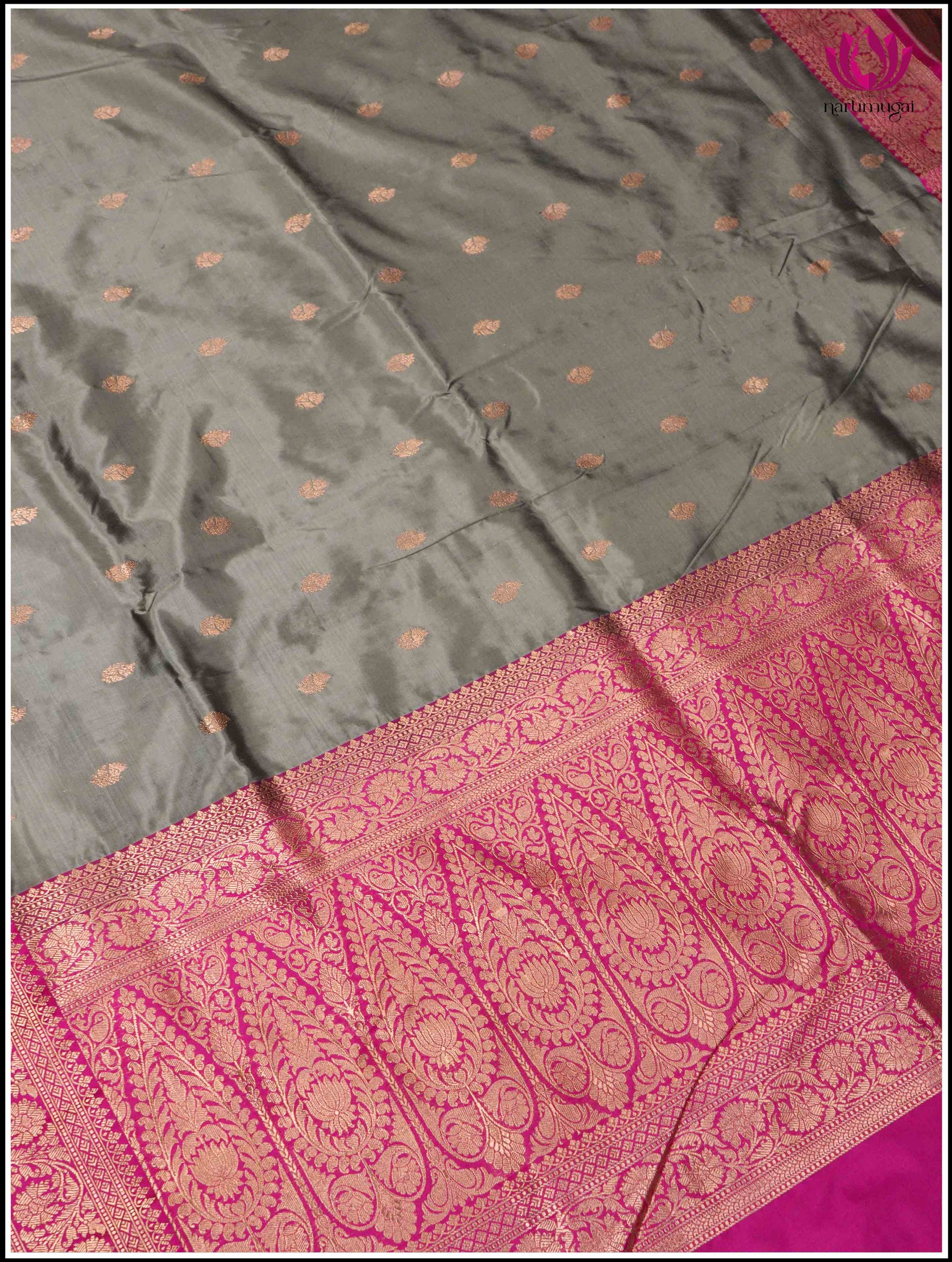 Banarasi Katan Silk Saree in Gray and Pink – Narumugai