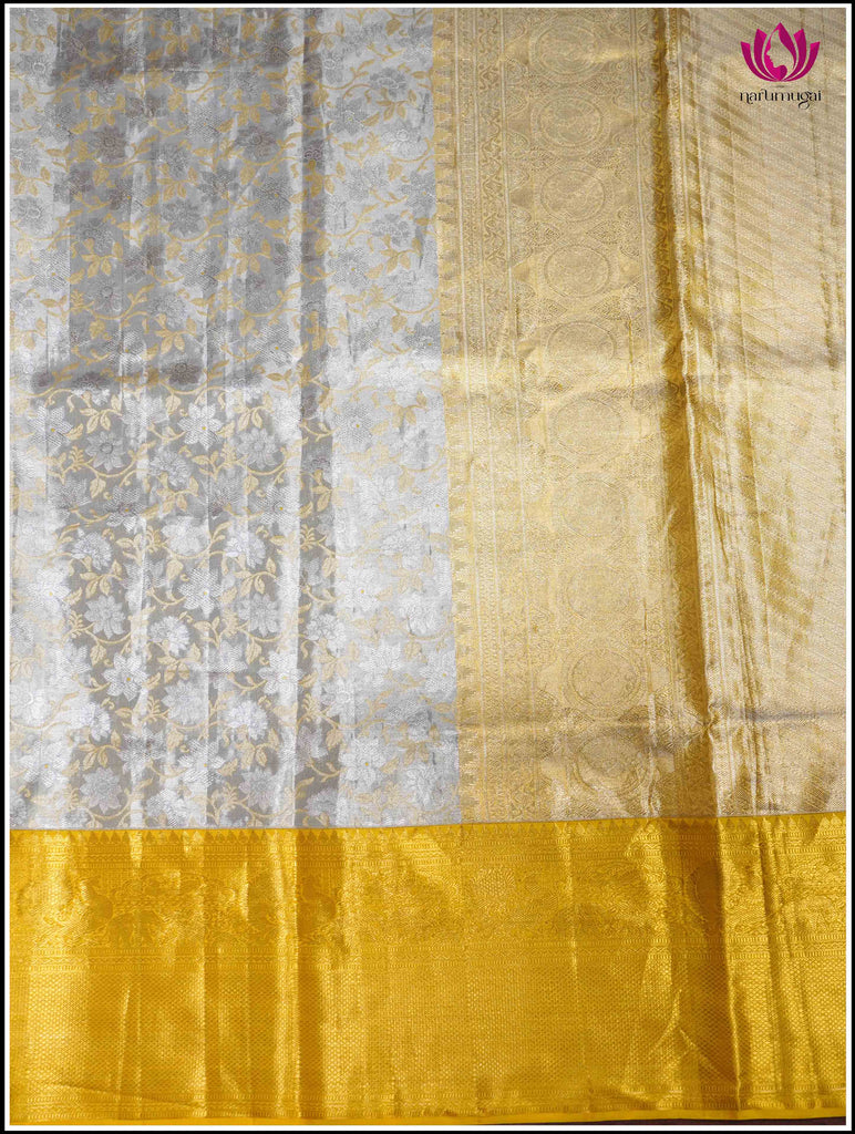 Kanjivaram Silk Saree in Gray and Yellow 4