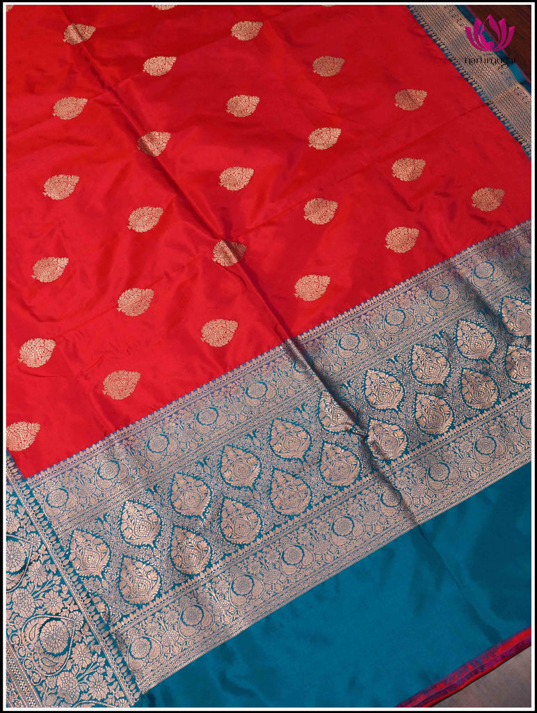 Banarasi Katan Silk Saree in Red and Peacock Blue 1