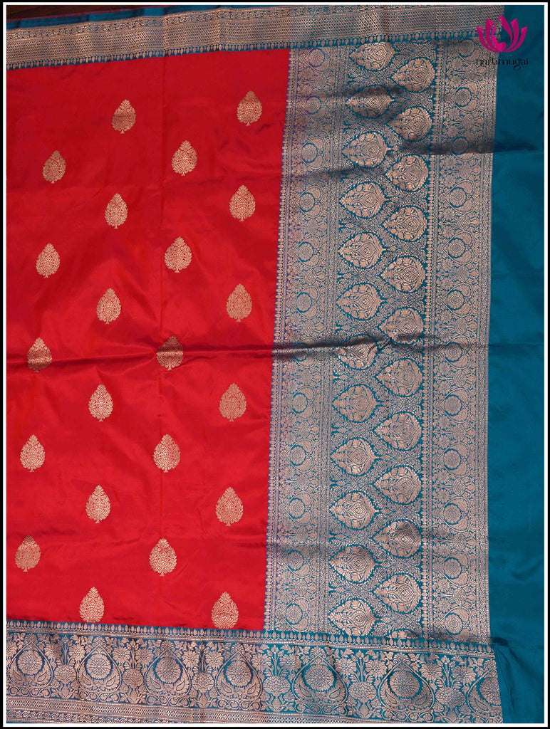 Banarasi Katan Silk Saree in Red and Peacock Blue 2