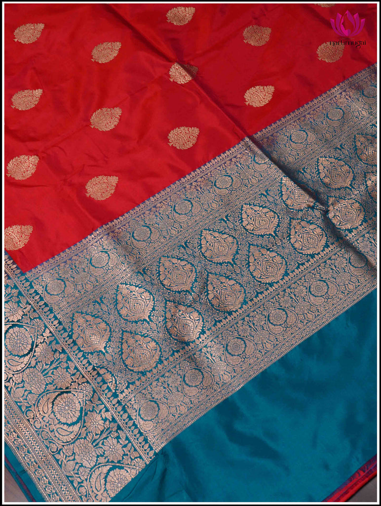 Banarasi Katan Silk Saree in Red and Peacock Blue 3