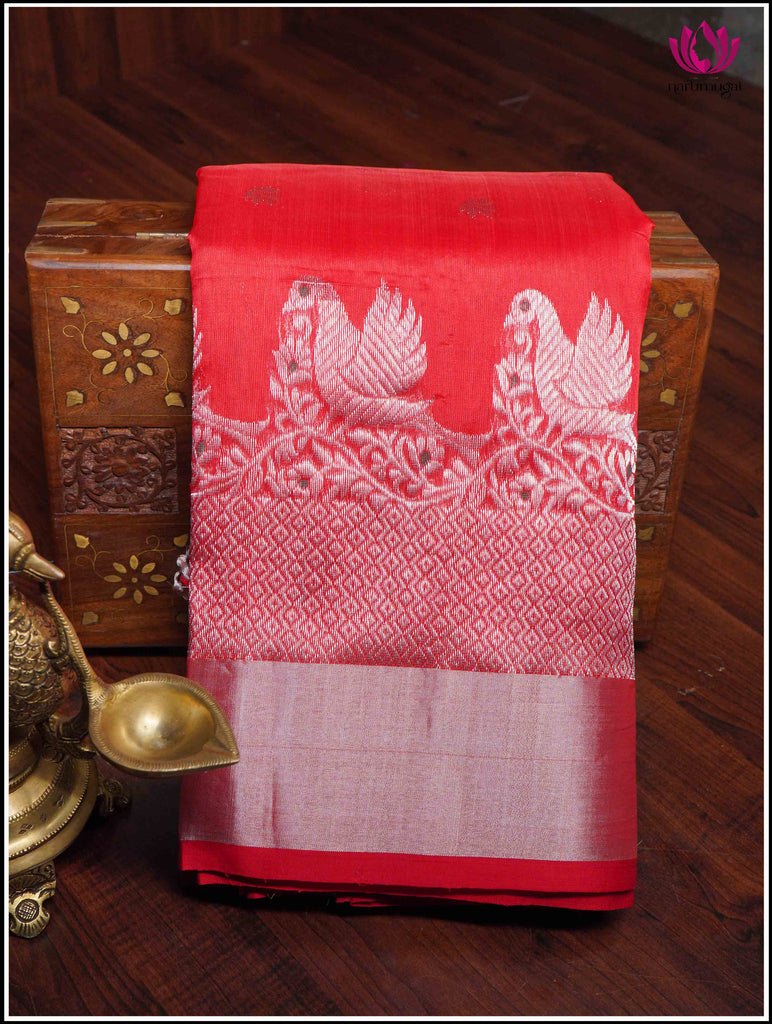 Chanderi Silk Saree in Red with Silver Zari 10