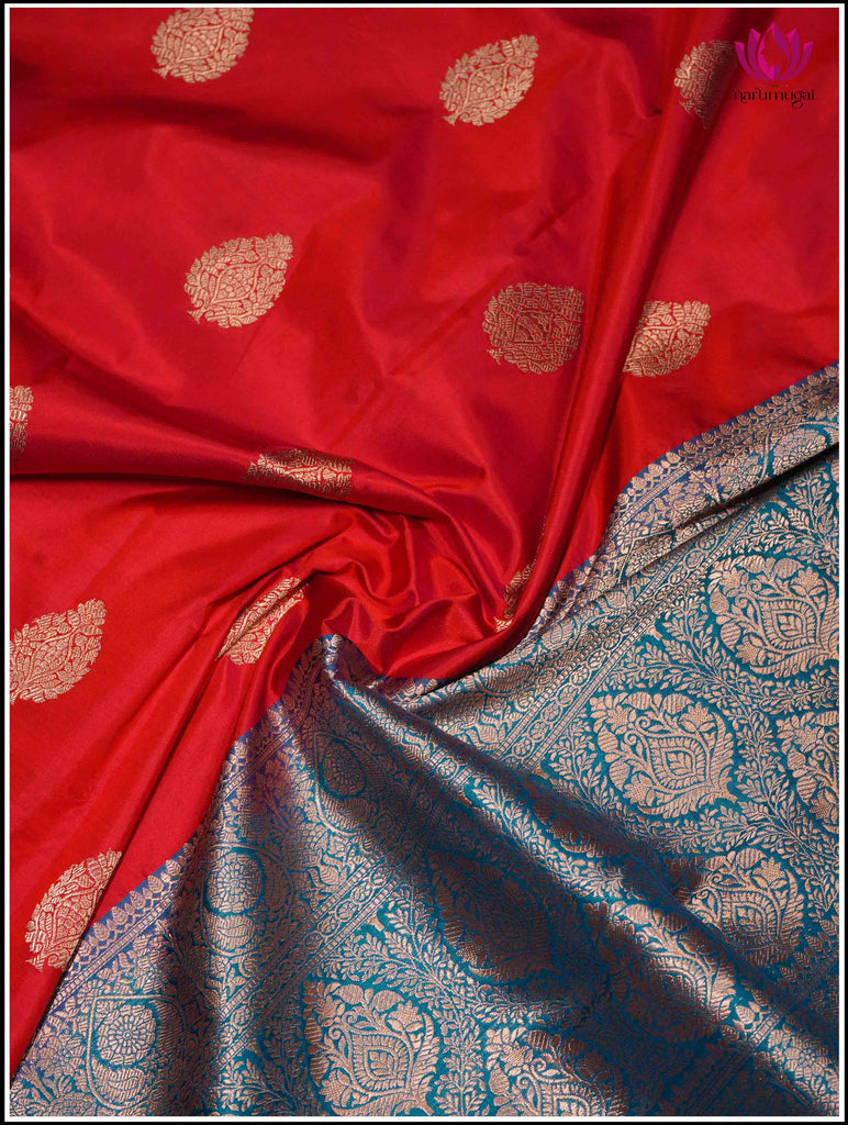 Banarasi Katan Silk Saree in Red and Peacock Blue 5