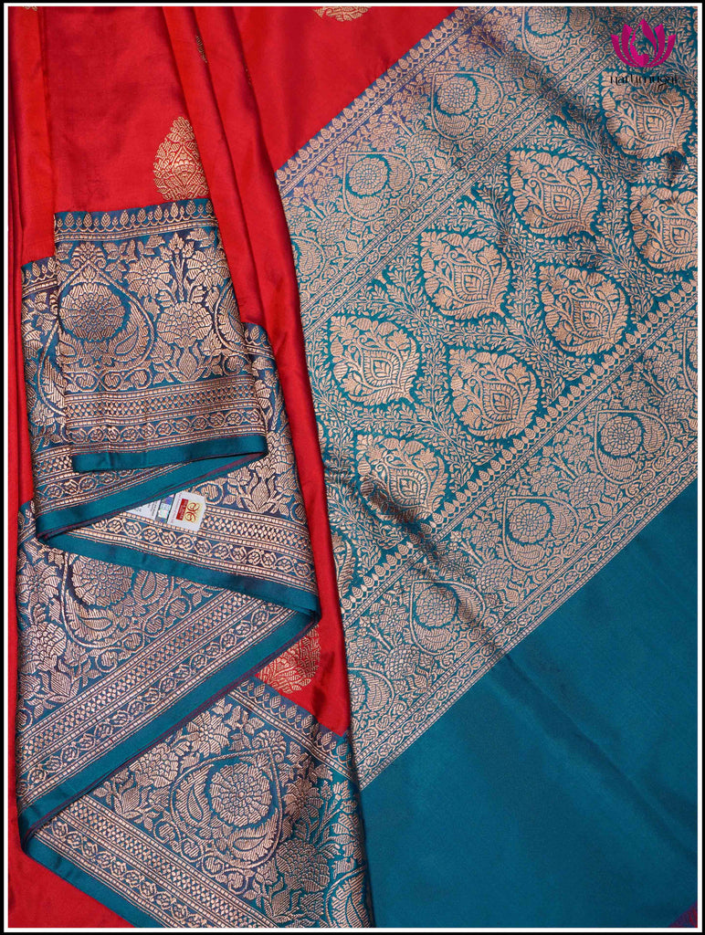 Banarasi Katan Silk Saree in Red and Peacock Blue 6