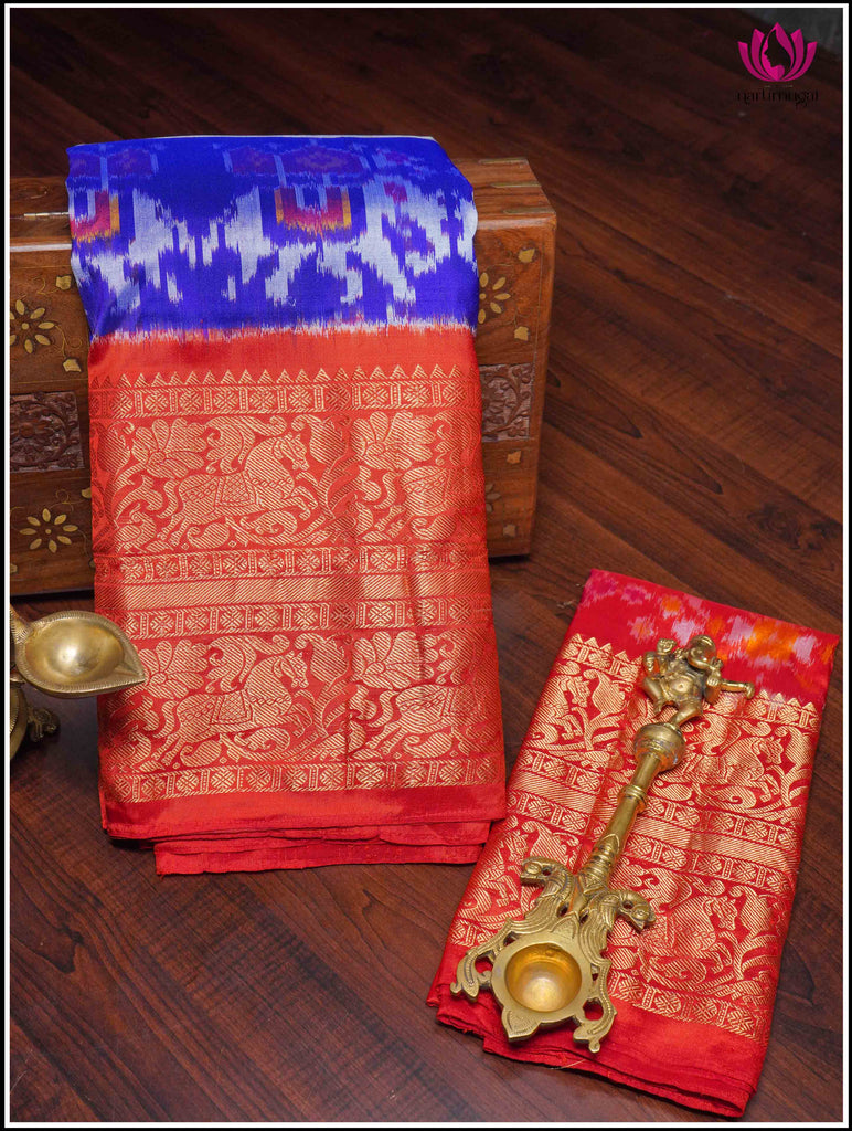 Ikkat Kanchipuram Silk Saree in Green and Red 1