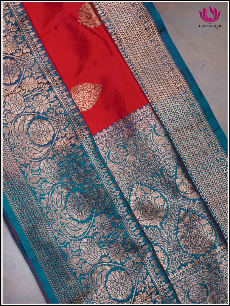 Banarasi Katan Silk Saree in Red and Peacock Blue 7