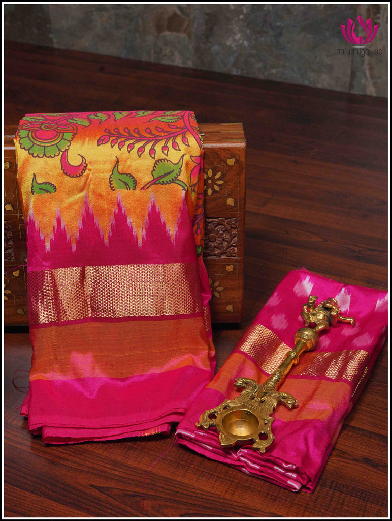 Ikkat soft silk saree in bright Yellow with Pink border and Floral digital print 11