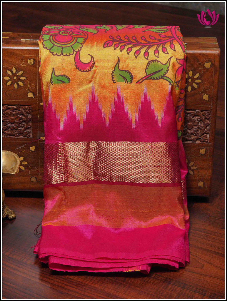 Ikkat soft silk saree in bright Yellow with Pink border and Floral digital print 10