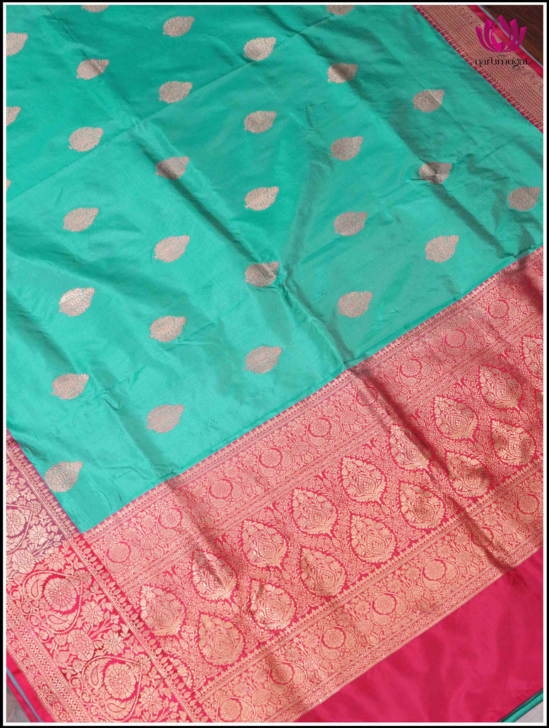 Banarasi Katan Silk Saree in Turquoise Blue and Pinkish Red 1