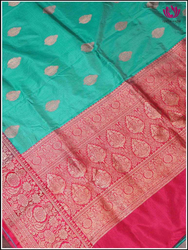 Banarasi Katan Silk Saree in Turquoise Blue and Pinkish Red 3