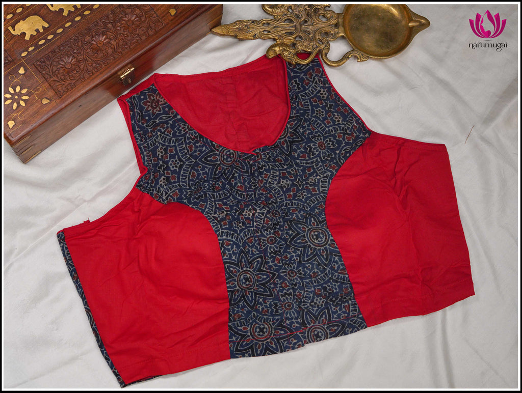 Red and Blue Kalamkari cotton sleeveless blouse - Size 38 2