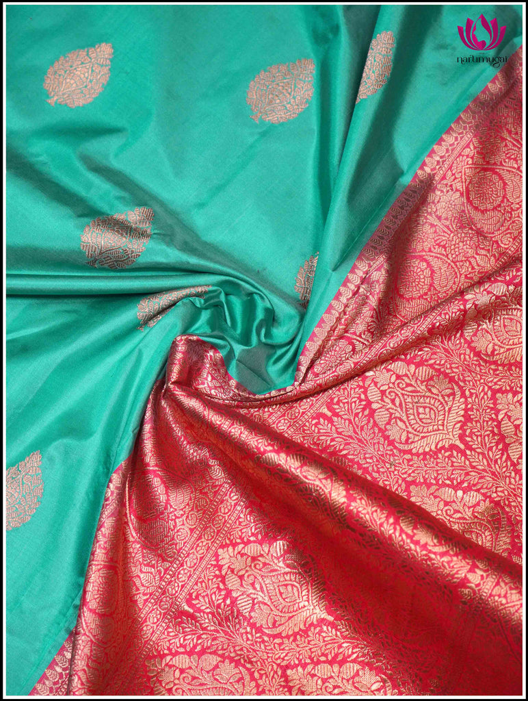 Banarasi Katan Silk Saree in Turquoise Blue and Pinkish Red 6