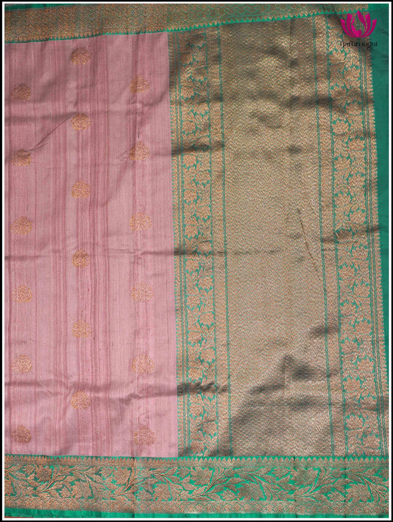 Banarasi Tussar Silk Saree in Lotus Pink and Green 3