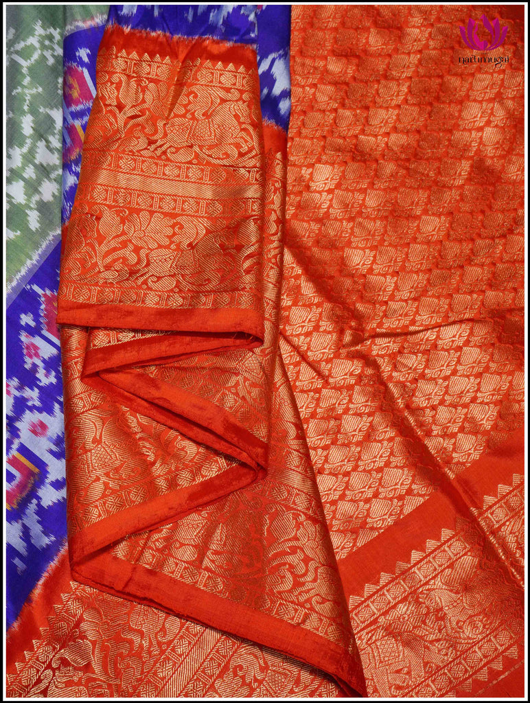Ikkat Kanchipuram Silk Saree in Green and Red 7
