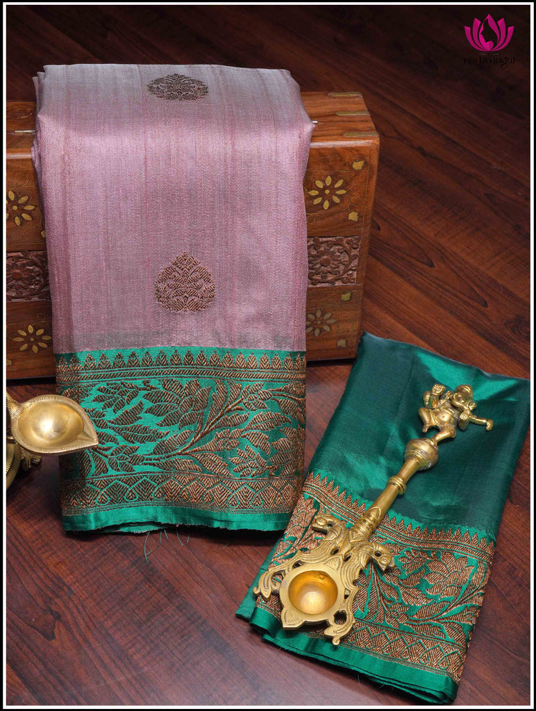 Banarasi Tussar Silk Saree in Lotus Pink and Green 7