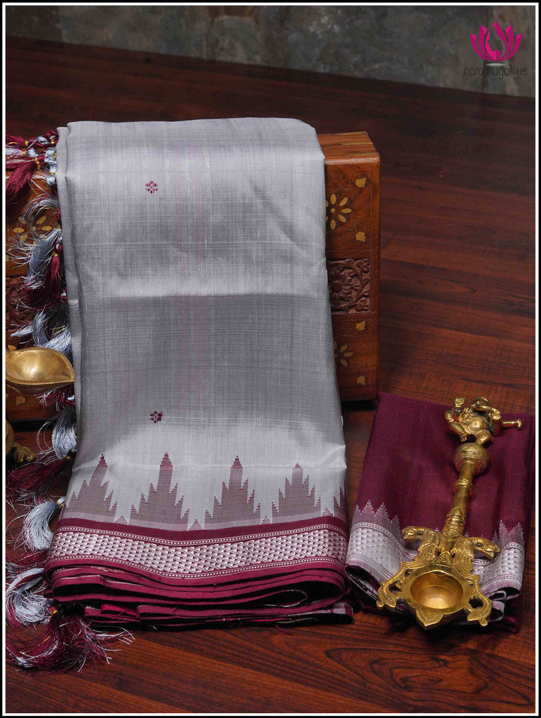 Berhampuri double pallu pure silk saree in Grey with Maroon border and vibrant pallu 11