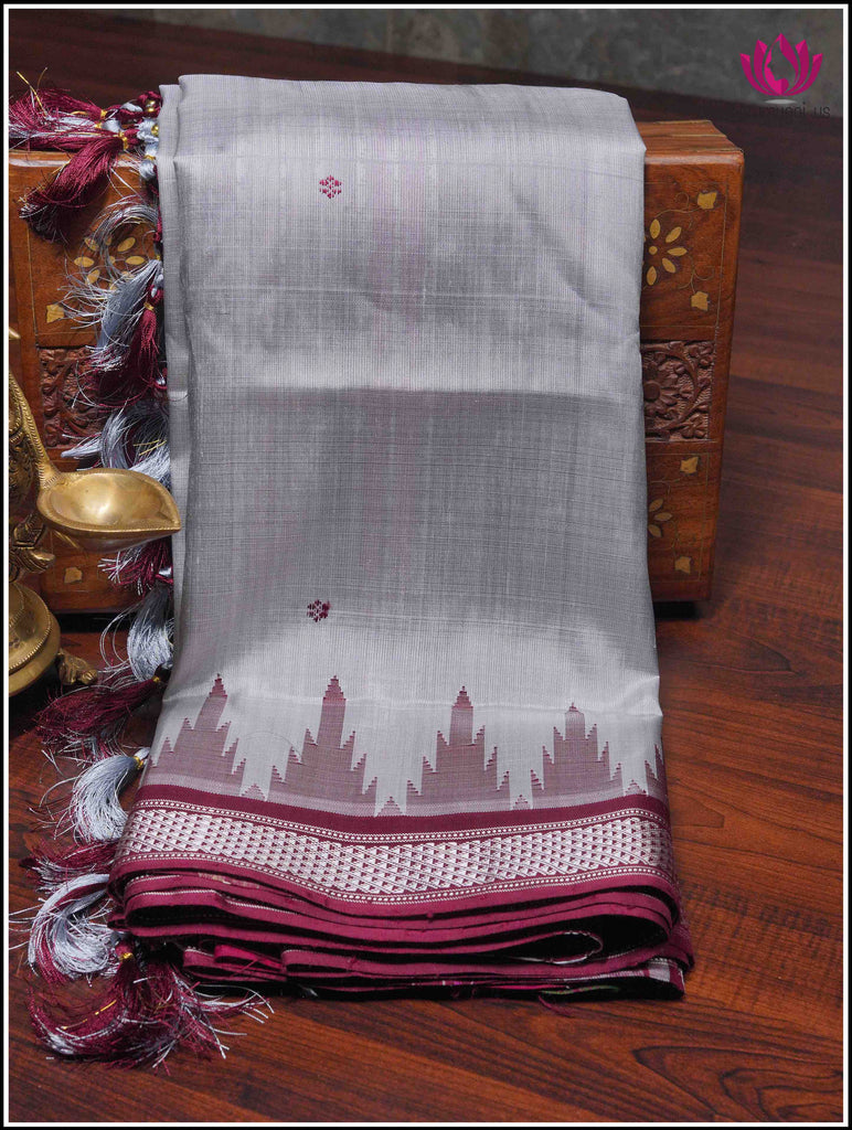 Berhampuri double pallu pure silk saree in Grey with Maroon border and vibrant pallu 10