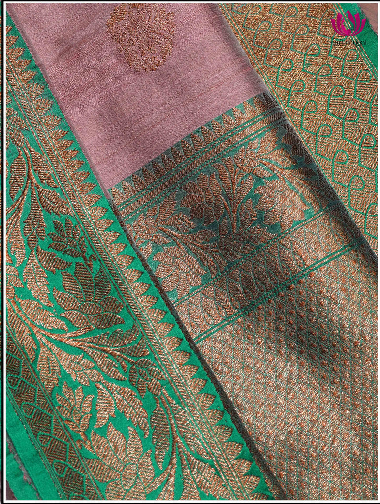 Banarasi Tussar Silk Saree in Lotus Pink and Green 9