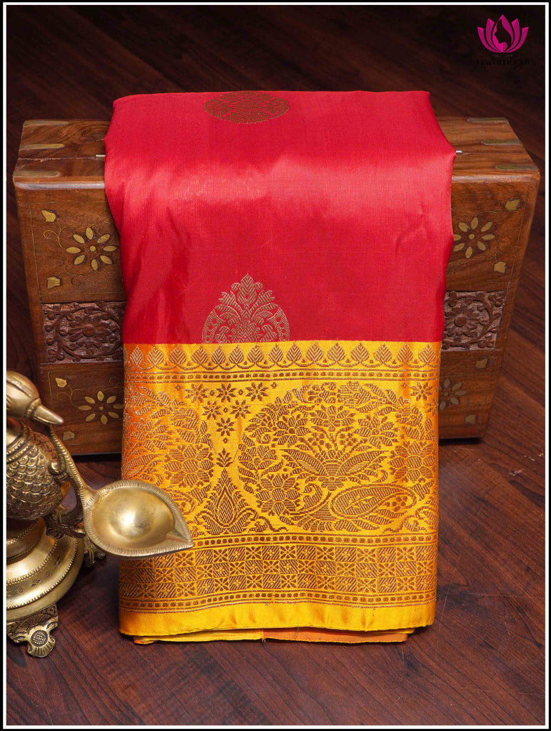 Banarasi Katan Silk Saree in Red and Yellow 2