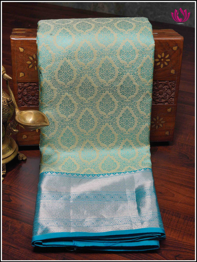 Kanchipuram Silk Saree in Greenish Yellow with brocade design in blue threads & Blue border and pallu in Silver Zari 11