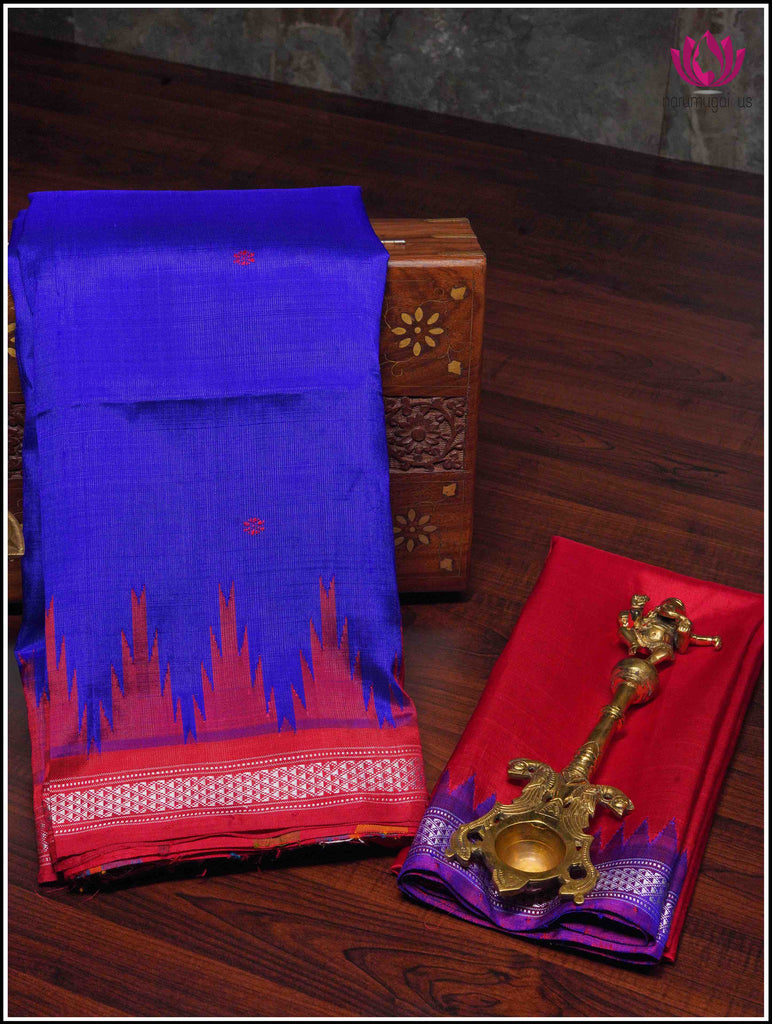 Berhampuri double pallu ( Double anchal) pure silk saree in Blue and Red 11