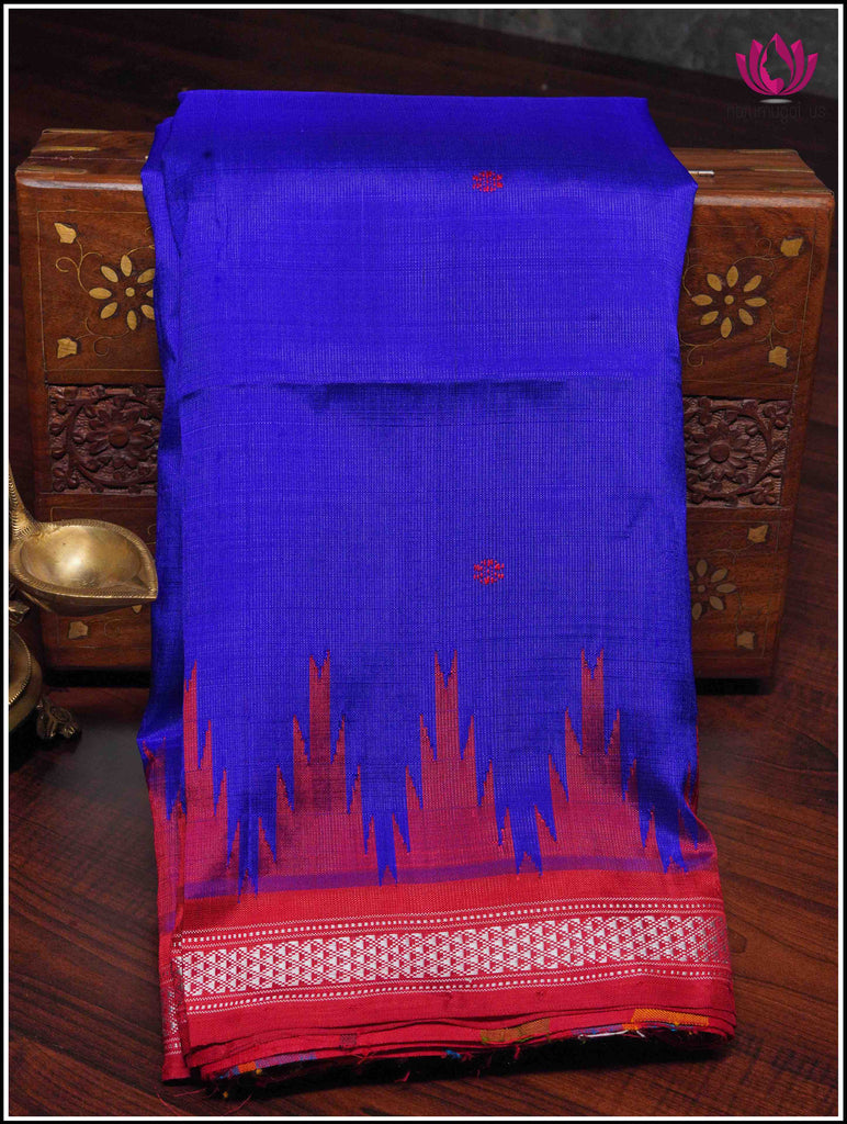Berhampuri double pallu ( Double anchal) pure silk saree in Blue and Red 10