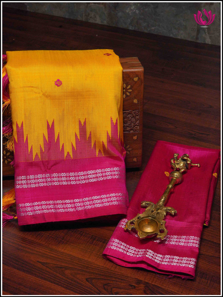 Berhampuri Double pallu (Double anchal) pure silk saree in Yellow with a Vibrant pallu 10