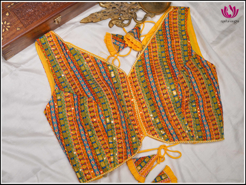Yellow Raw Silk with colorful threadwork, Sleeveless & Backless 3