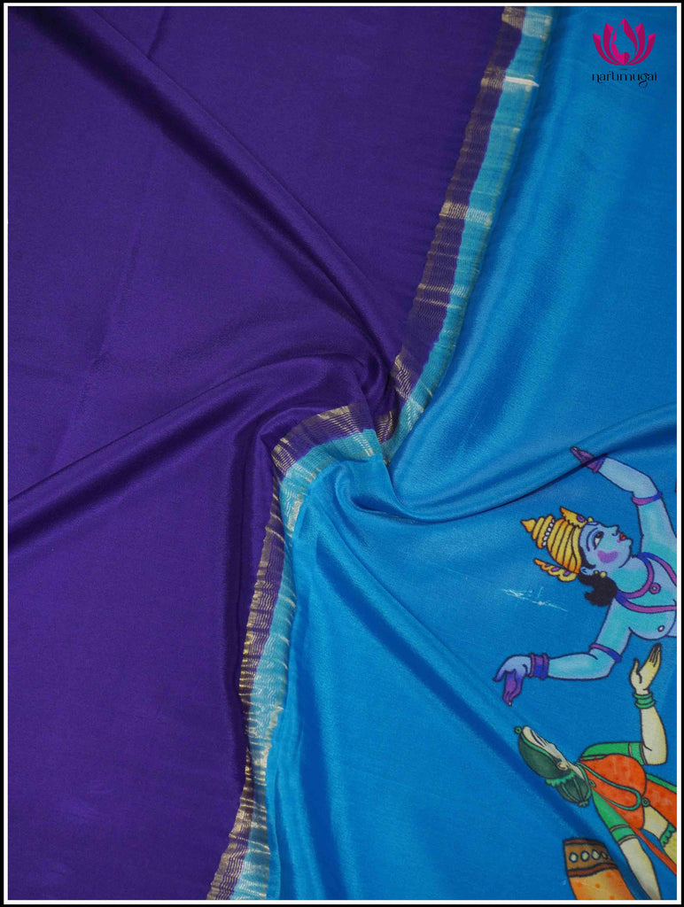 Mysore Silk Saree in Blue with Hand Painted Pallu5