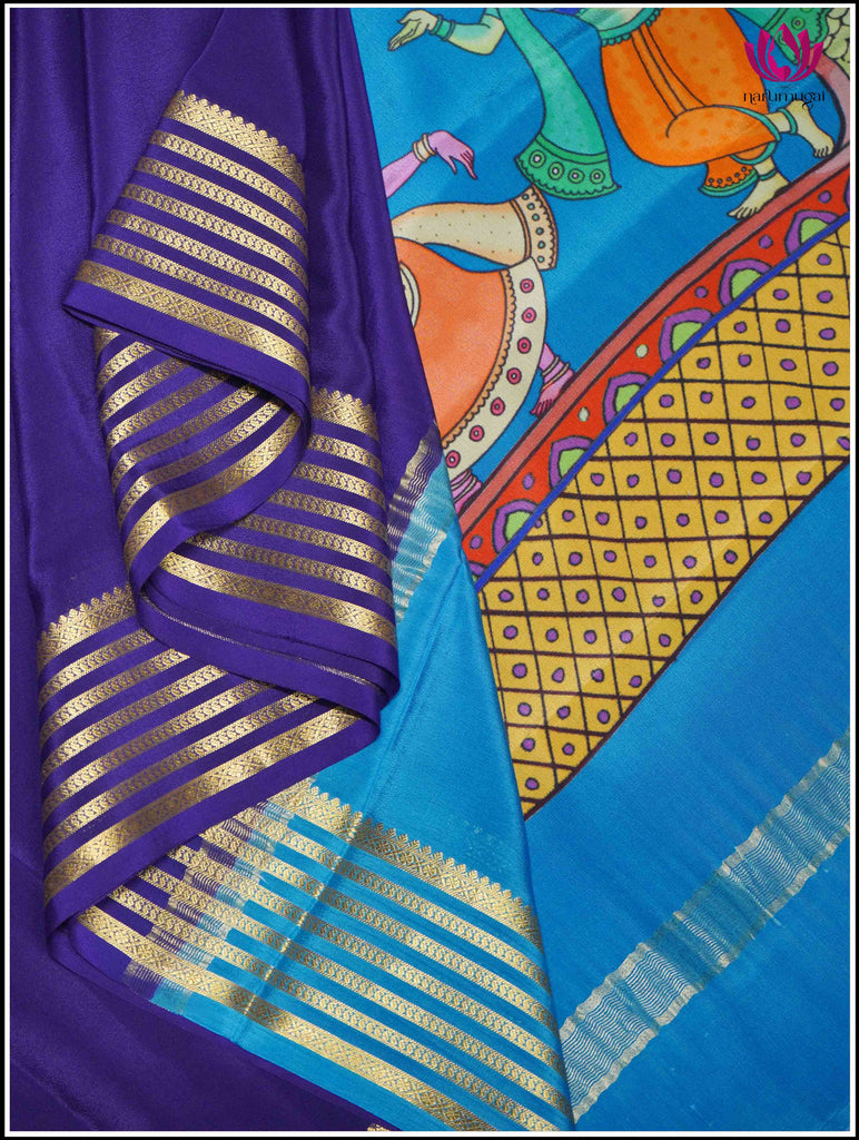 Mysore Silk Saree in Blue with Hand Painted Pallu4