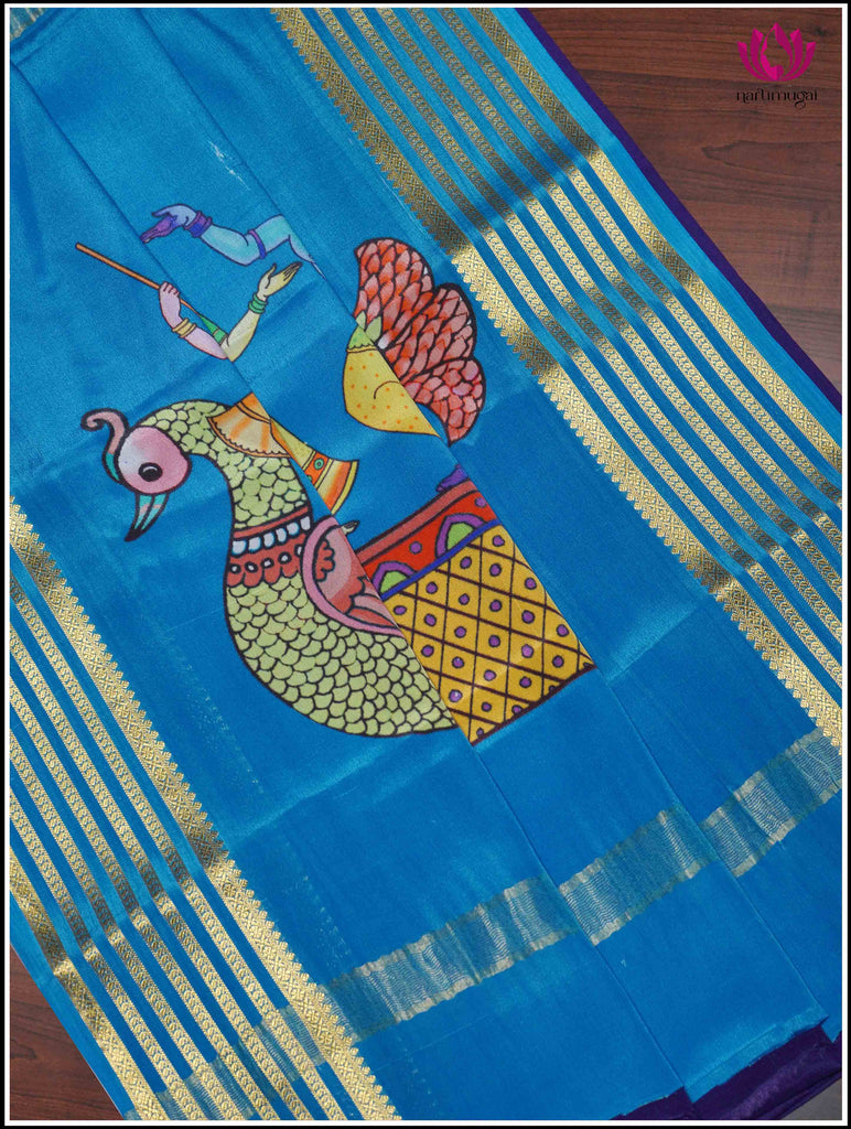 Mysore Silk Saree in Blue with Hand Painted Pallu2
