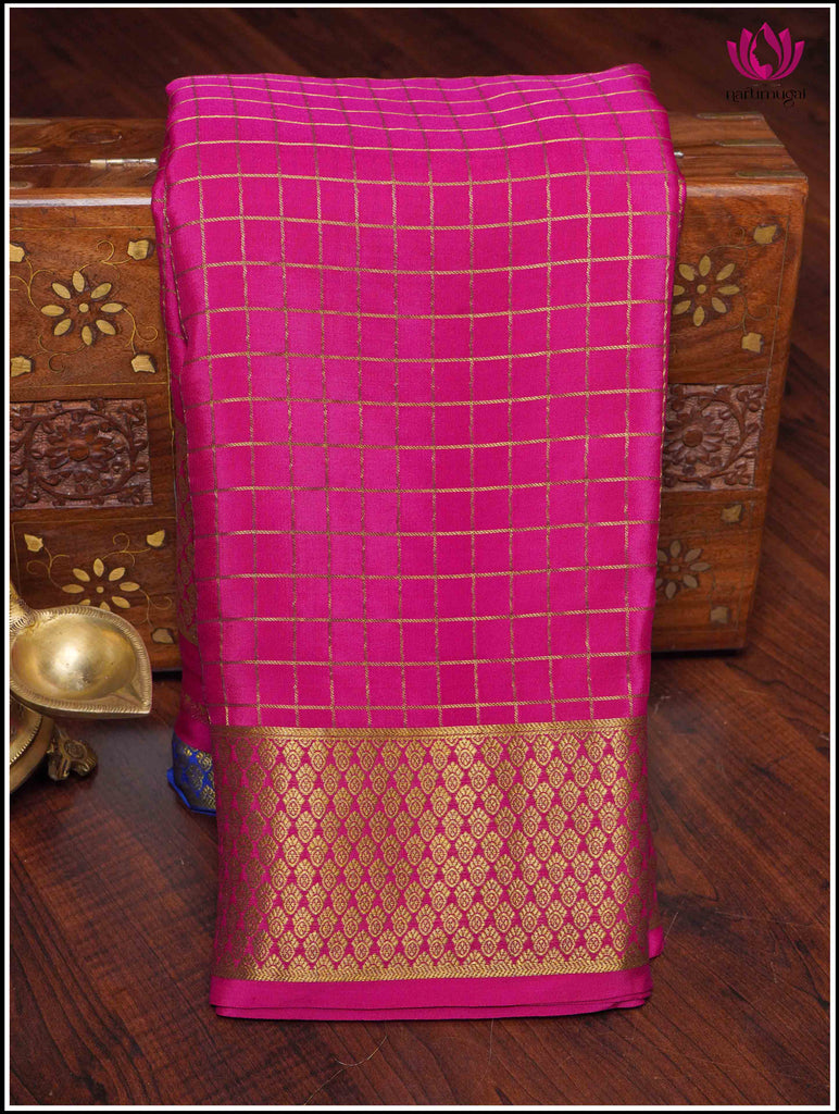 Mysore Silk Saree in Pink with Zari Checks and Hand Painted Pallu 9