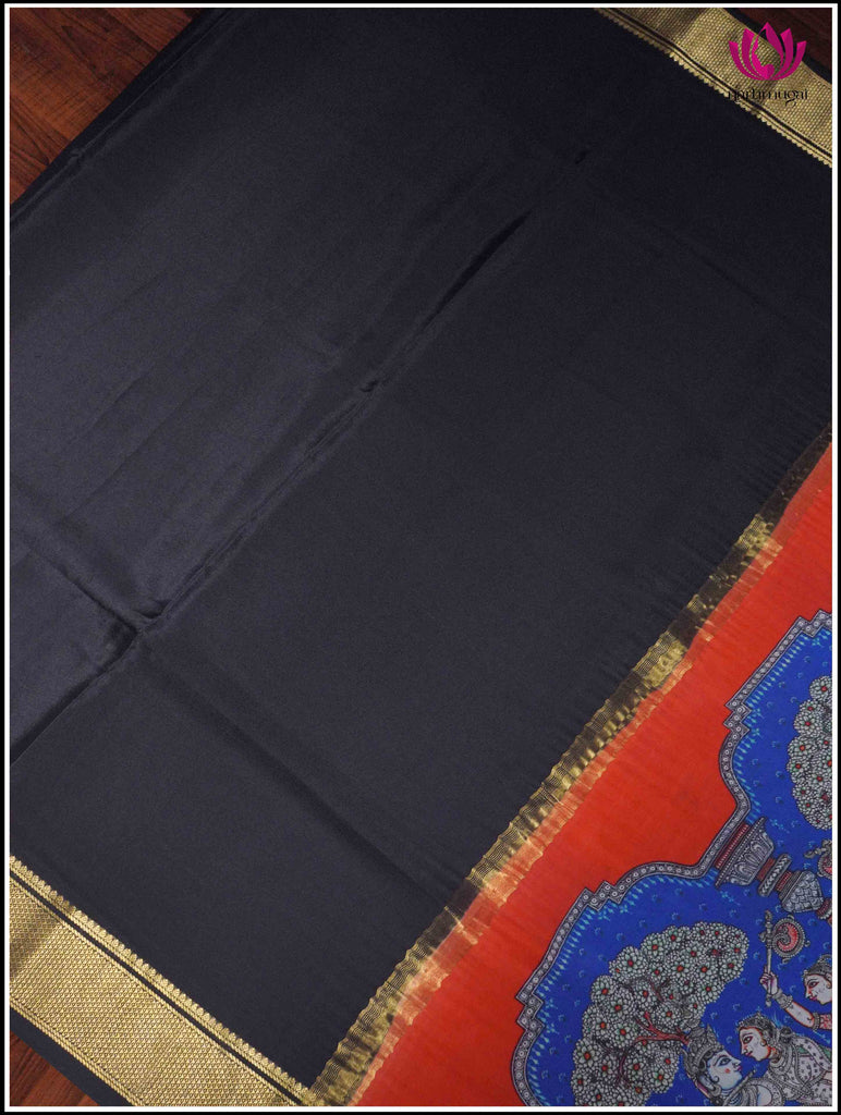 Mysore Silk Saree in Black with Hand Painted Pallu 6