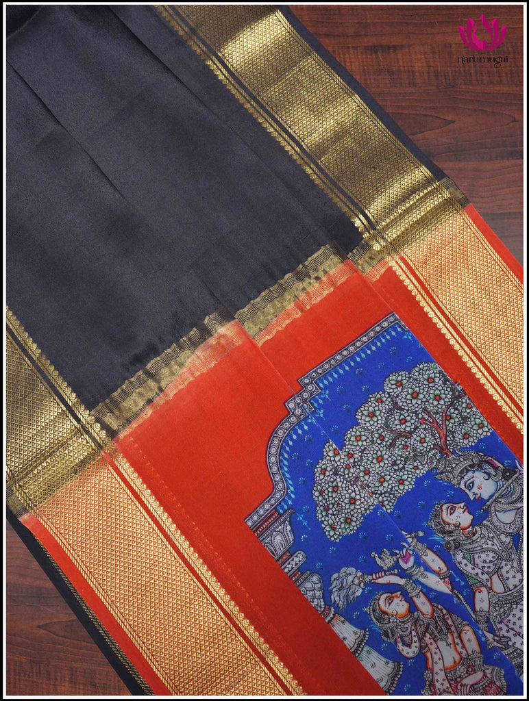 Mysore Silk Saree in Black with Hand Painted Pallu 1