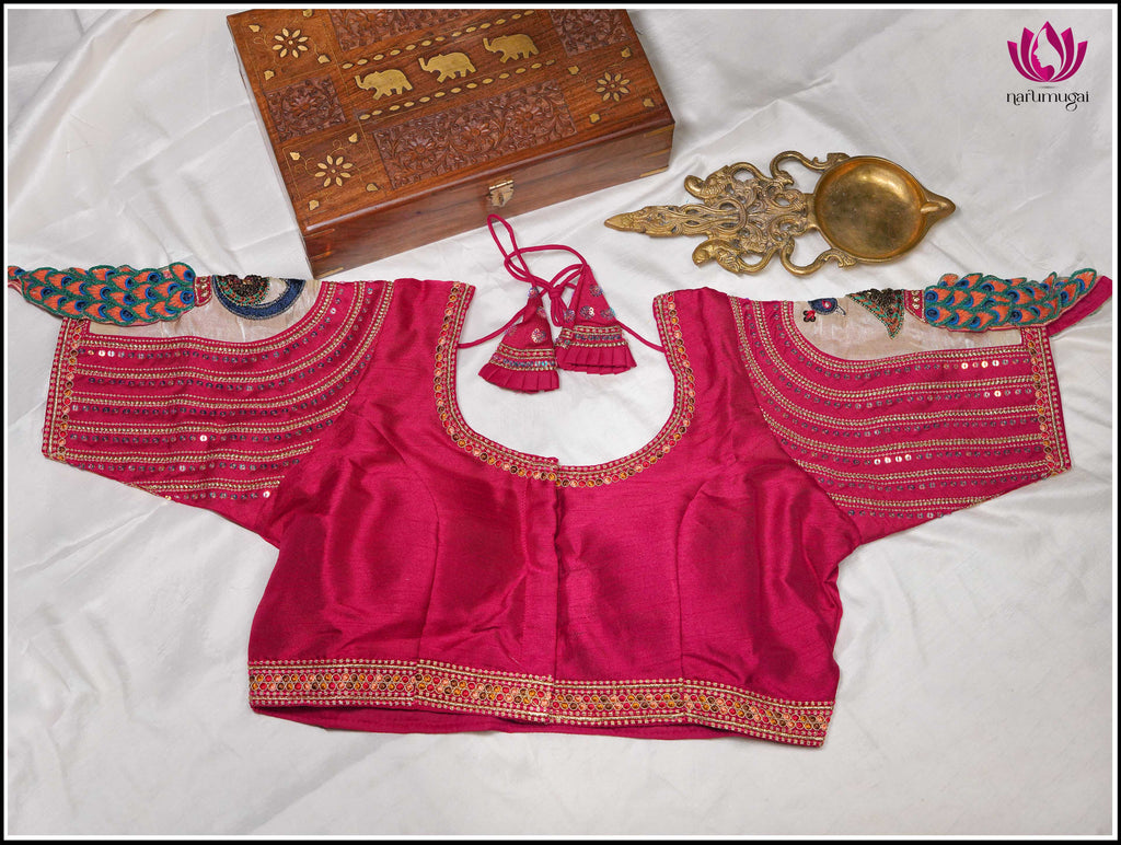 Pinkish Red Raw Silk Blouse with Sequins and Peacock Patchwork 4