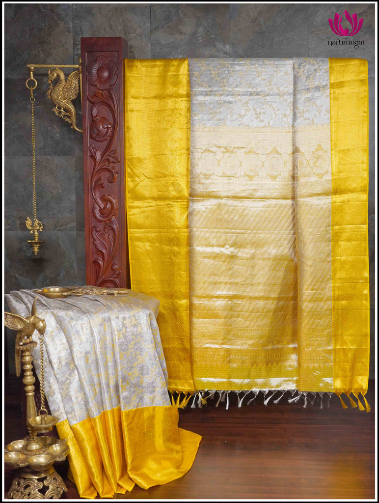Kanjivaram Silk Saree in Gray and Yellow 11