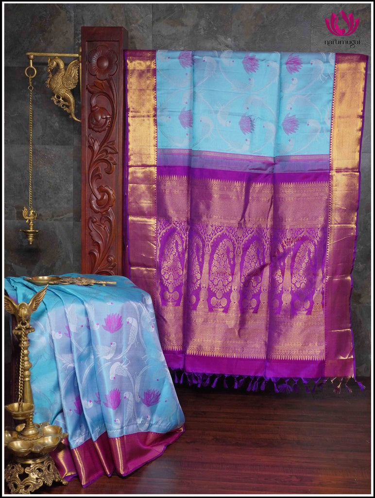 Kanjivaram Silk Saree in Sky Blue with Purple border 10