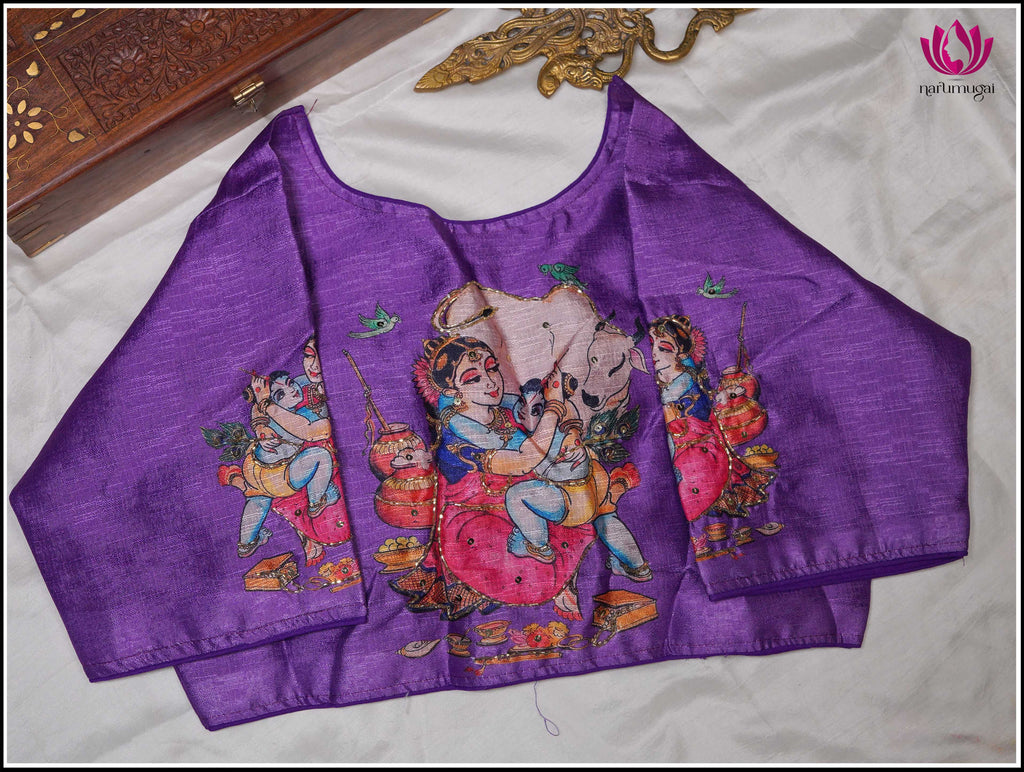 Purple Raw Silk Blouse with printed Krishna and Yashoda 3