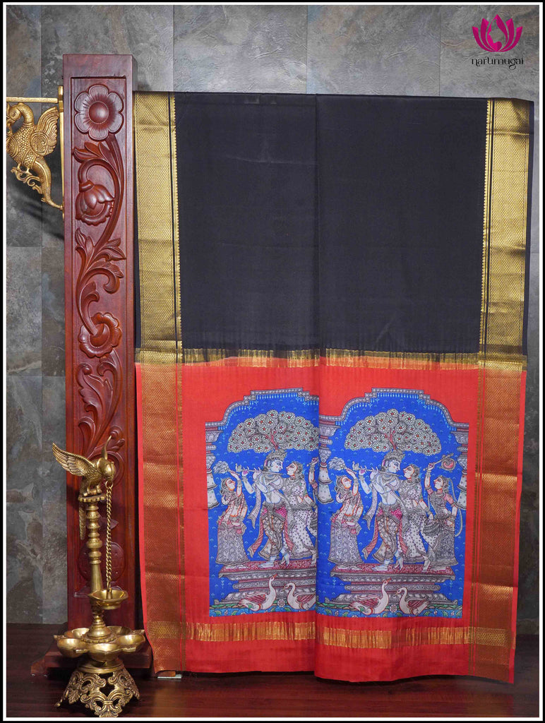 Mysore Silk Saree in Black with Hand Painted Pallu 12