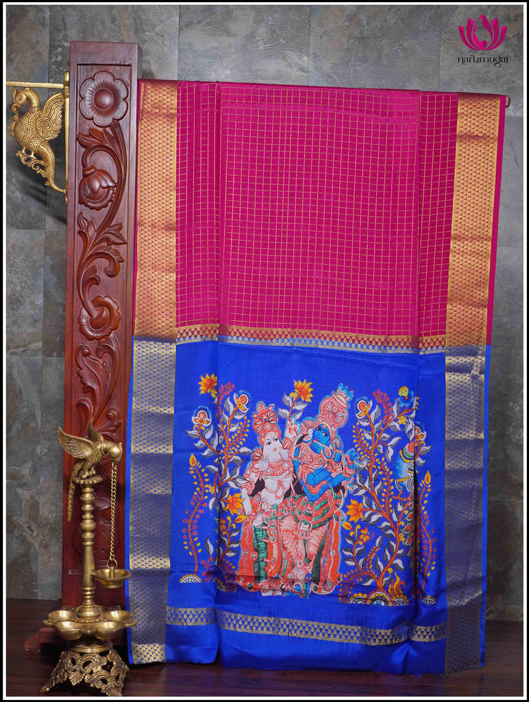 Mysore Silk Saree in Pink with Zari Checks and Hand Painted Pallu 12