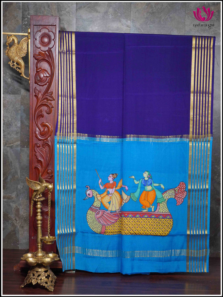 Mysore Silk Saree in Blue with Hand Painted Pallu12