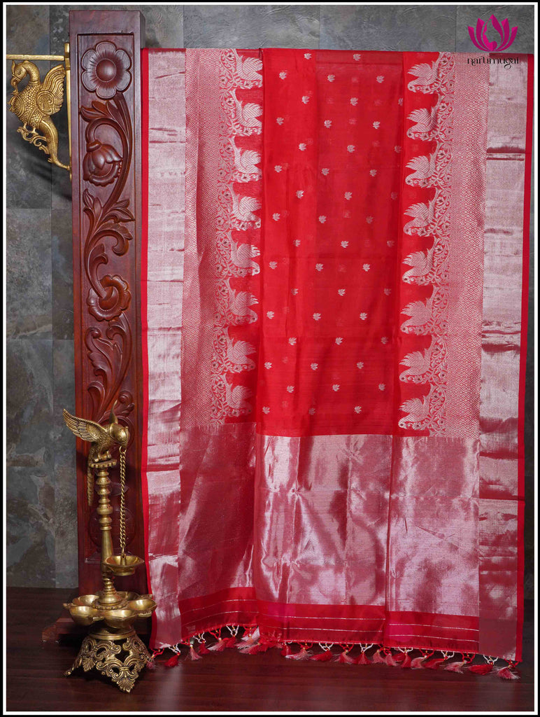 Chanderi Silk Saree in Red with Silver Zari 11