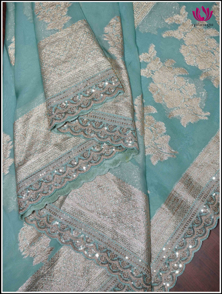 Georgette Saree in Turquoise Blue with Golden Zari 3