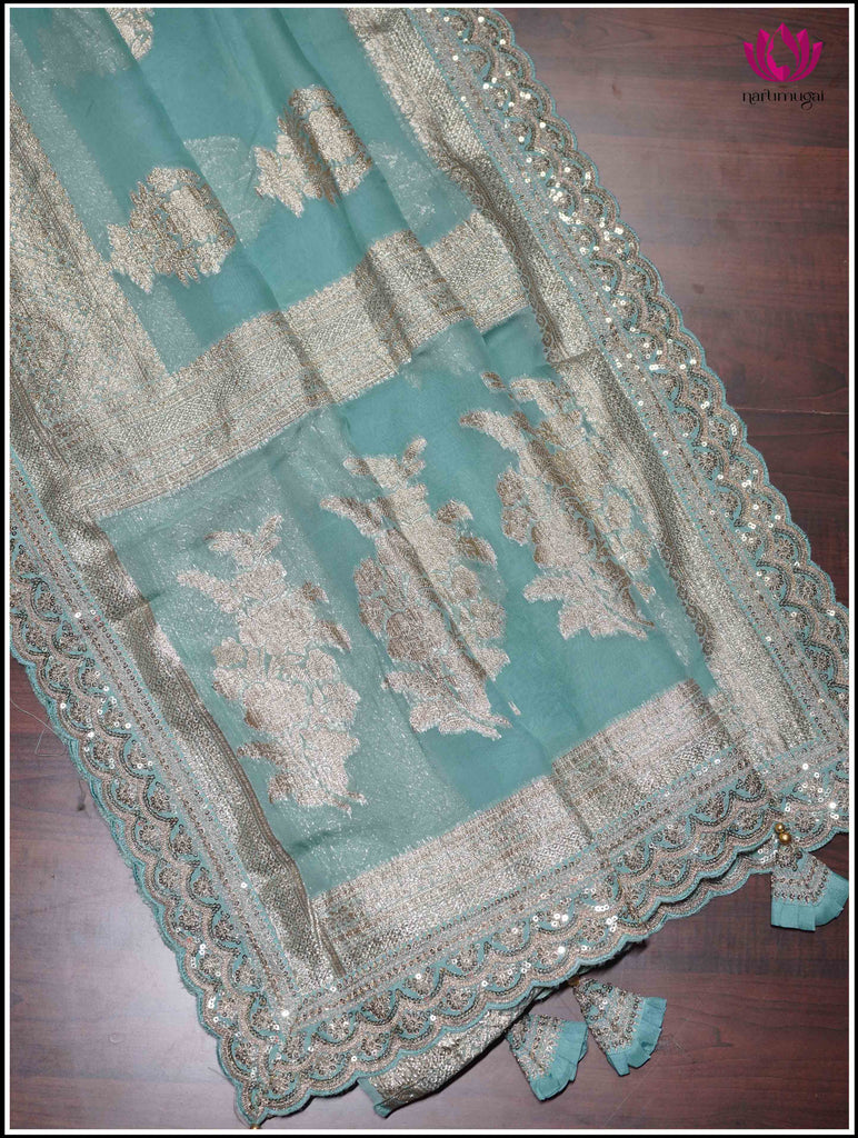 Georgette Saree in Turquoise Blue with Golden Zari 2
