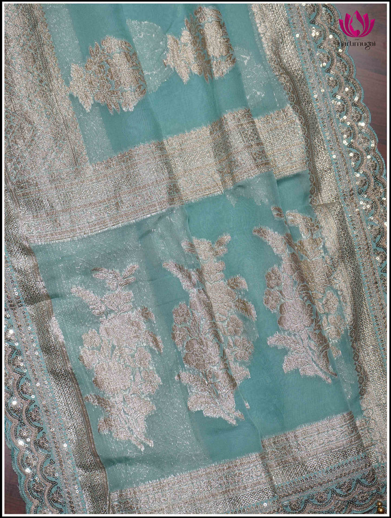 Georgette Saree in Turquoise Blue with Golden Zari 1